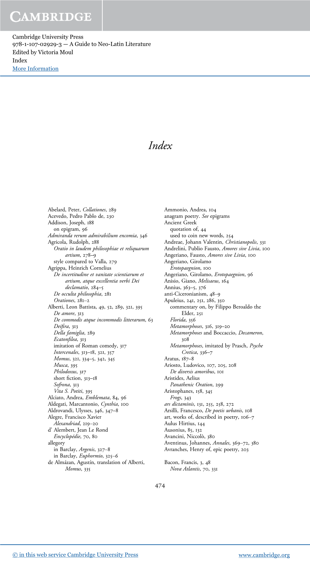 Cambridge University Press 978-1-107-02929-3 — a Guide to Neo-Latin Literature Edited by Victoria Moul Index More Information