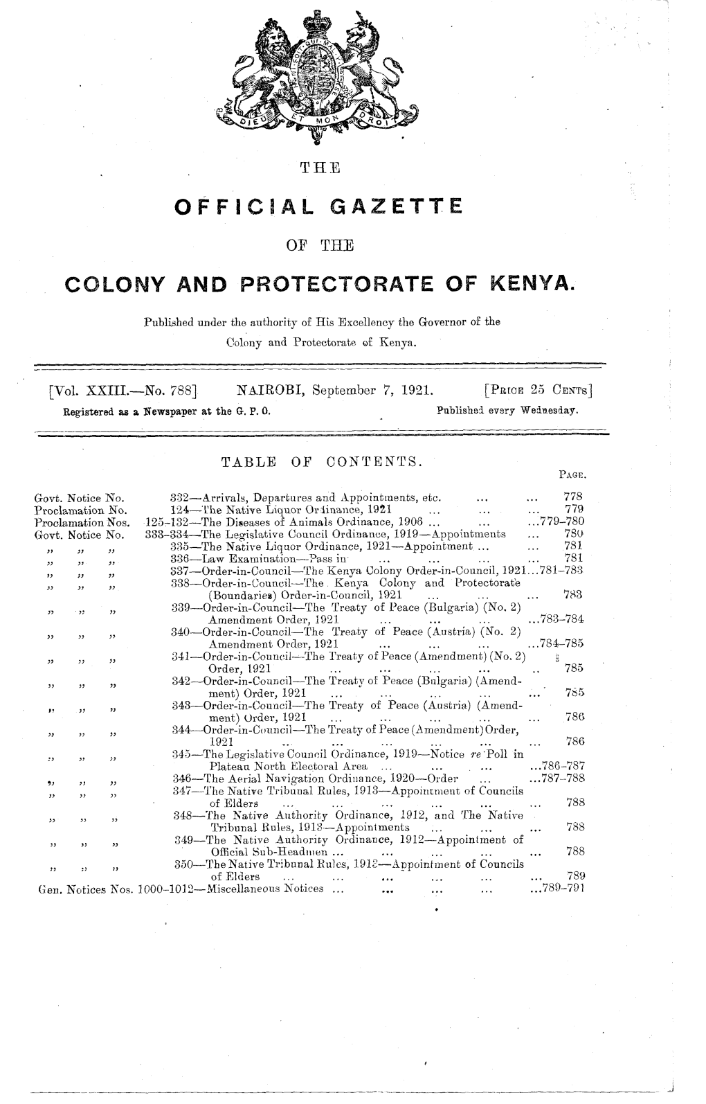 Official Gazette Colony and Protectorate of Kenya