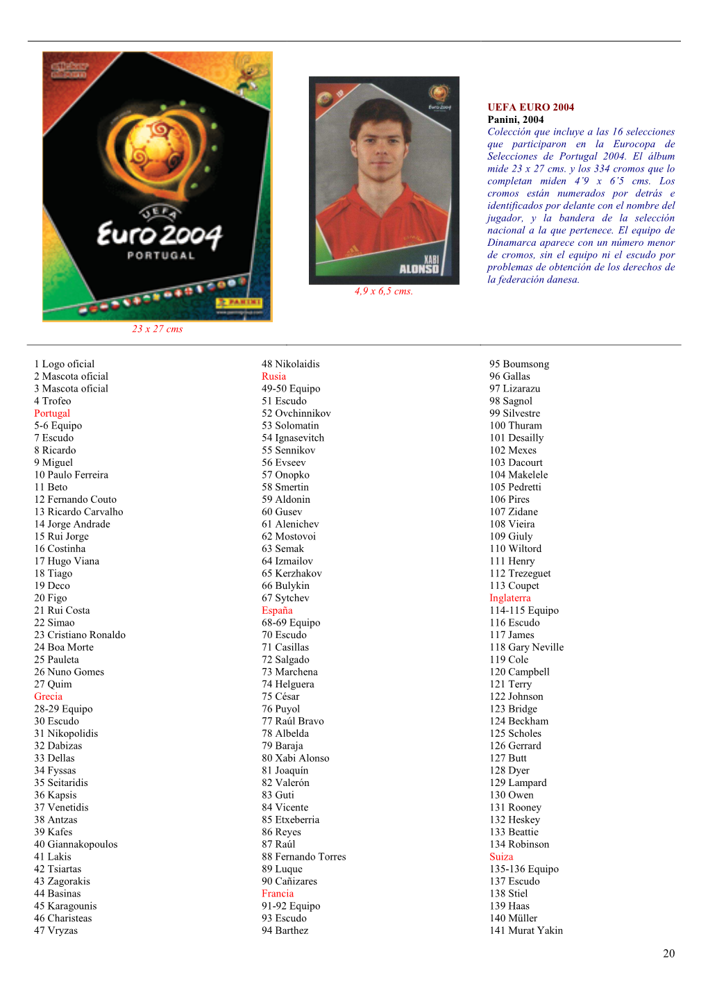 UEFA EURO 2004 Panini, 2004 Colección Que Incluye a Las 16 Selecciones Que Participaron En La Eurocopa De Selecciones De Portugal 2004
