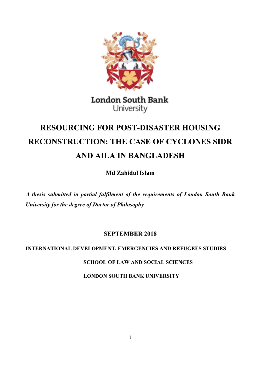 Resourcing for Post-Disaster Housing Reconstruction: the Case of Cyclones Sidr and Aila in Bangladesh