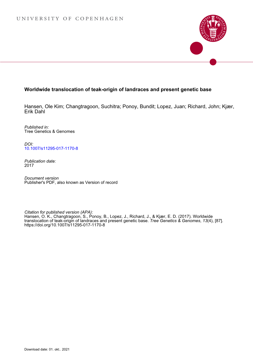 Worldwide Translocation of Teak—Origin of Landraces and Present Genetic Base