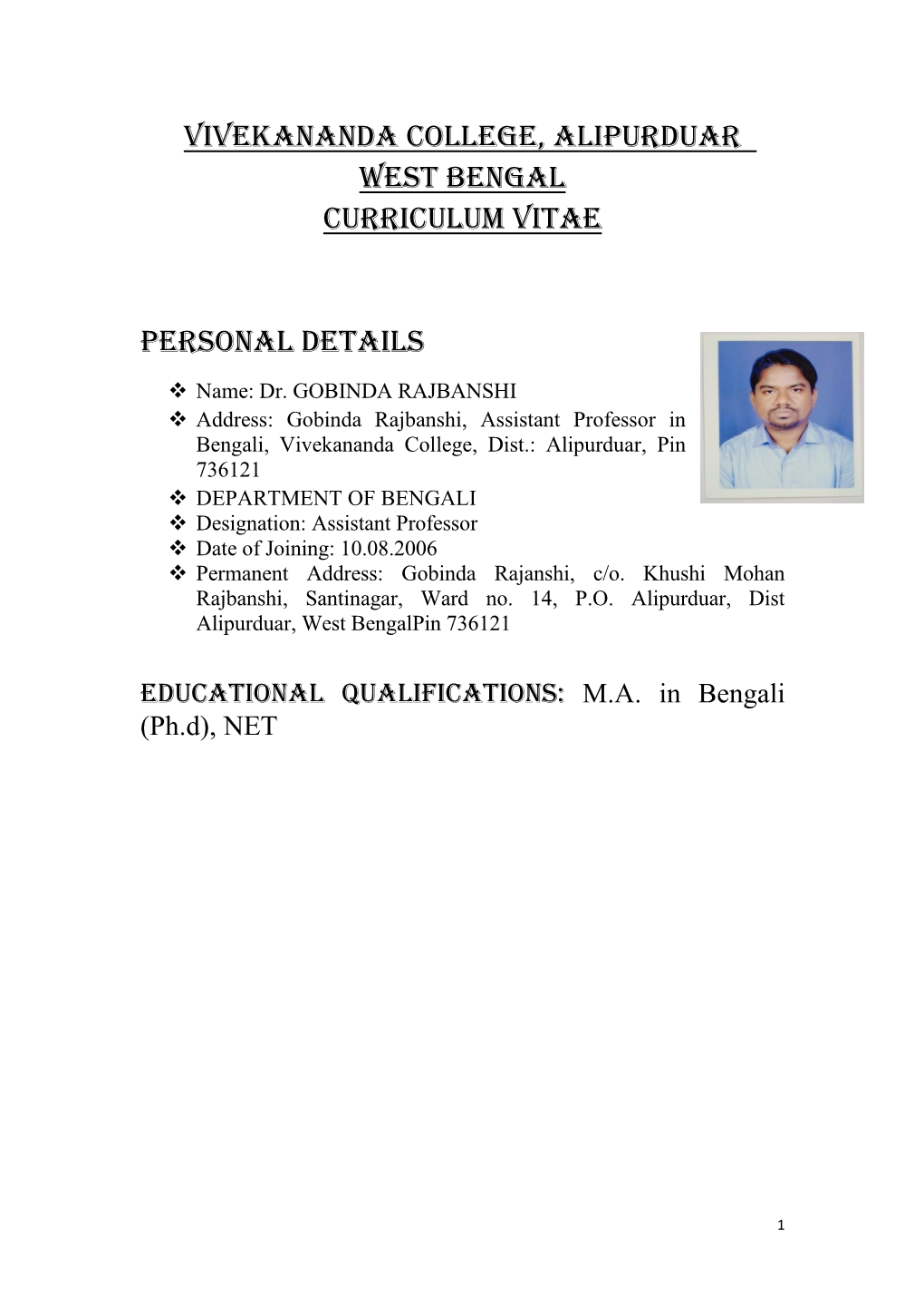 VIVEKANANDA COLLEGE, ALIPURDUAR WEST BENGAL Curriculum Vitae