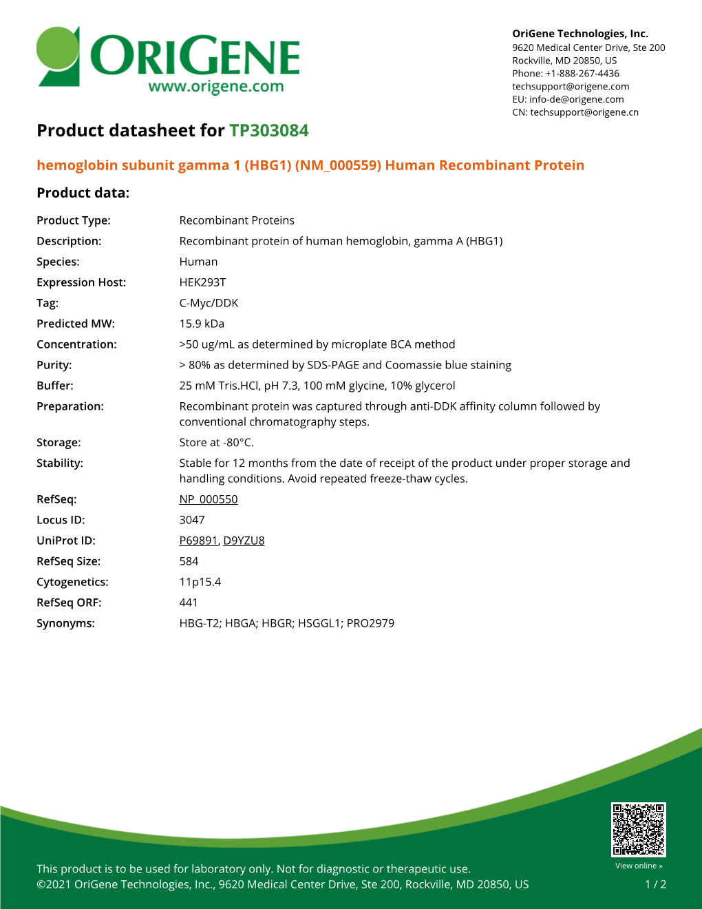 (HBG1) (NM 000559) Human Recombinant Protein Product Data