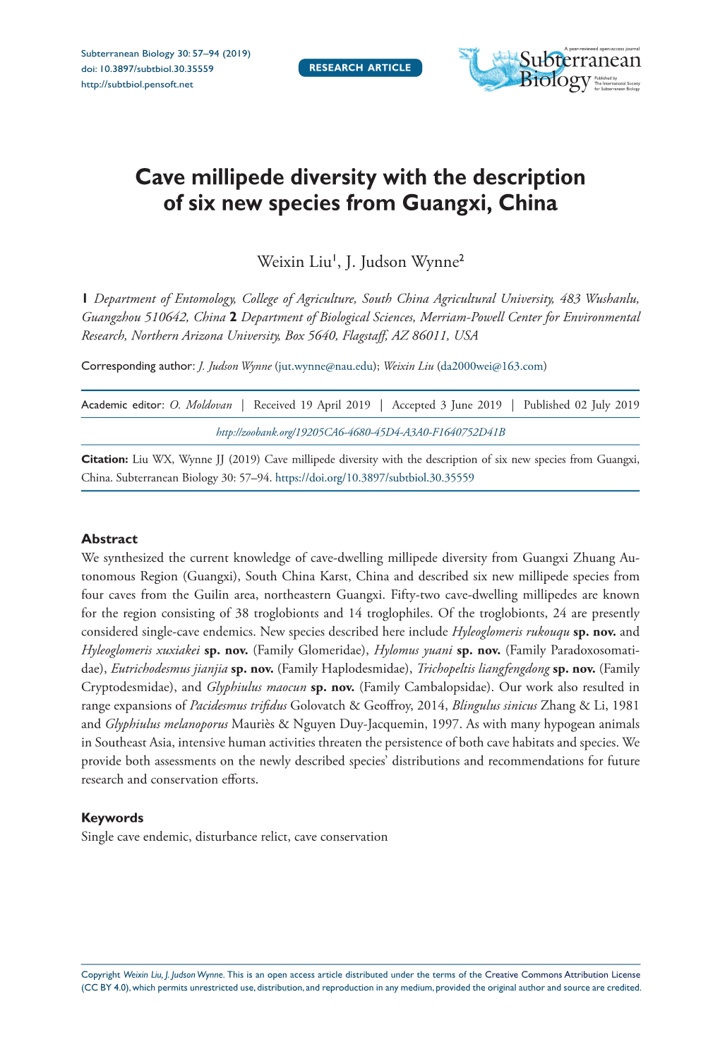 Cave Millipede Diversity with the Description of Six New Species from Guangxi, China