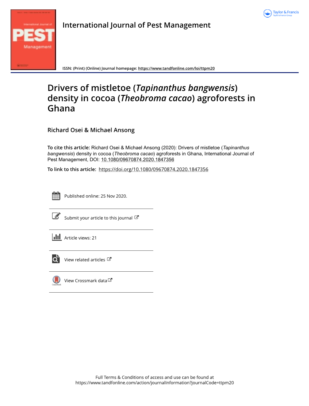 Drivers of Mistletoe (Tapinanthus Bangwensis) Density in Cocoa (Theobroma Cacao) Agroforests in Ghana