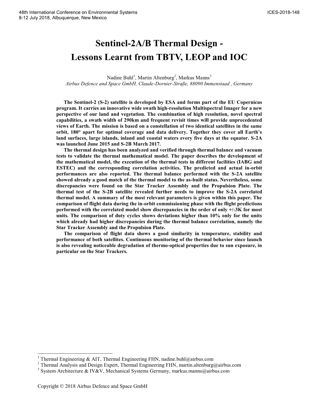 Sentinel-2A/B Thermal Design - Lessons Learnt from TBTV, LEOP and IOC