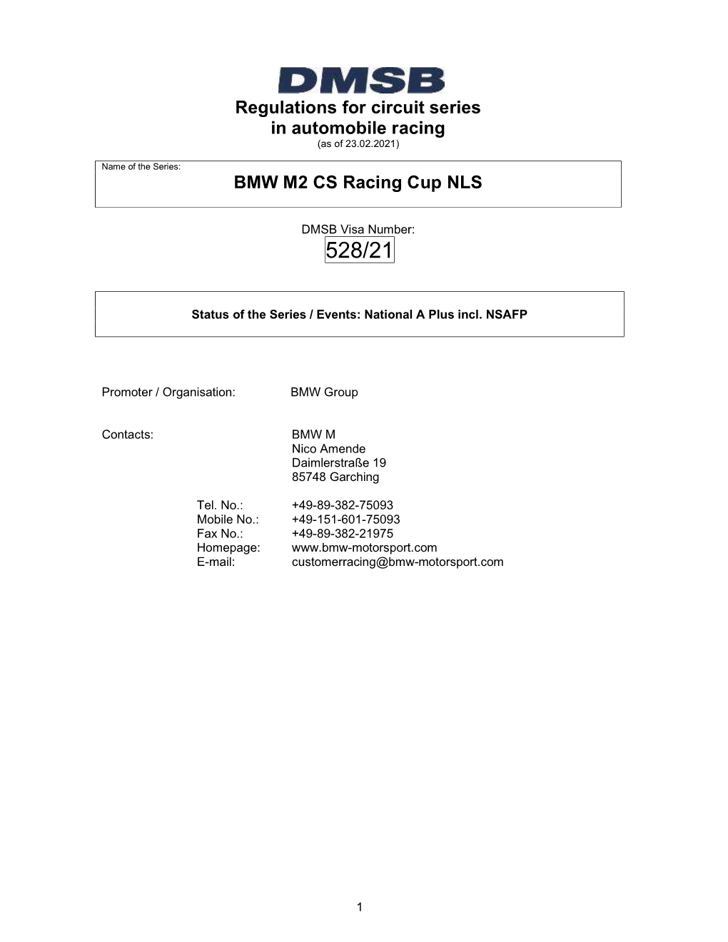 Regulations for Circuit Series in Automobile Racing BMW M2 CS Racing Cup