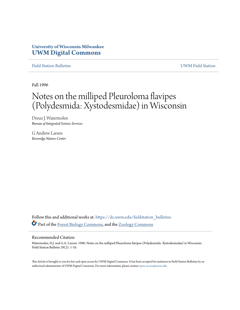 Notes on the Milliped Pleuroloma Flavipes (Polydesmida: Xystodesmidae) in Wisconsin Dreux J