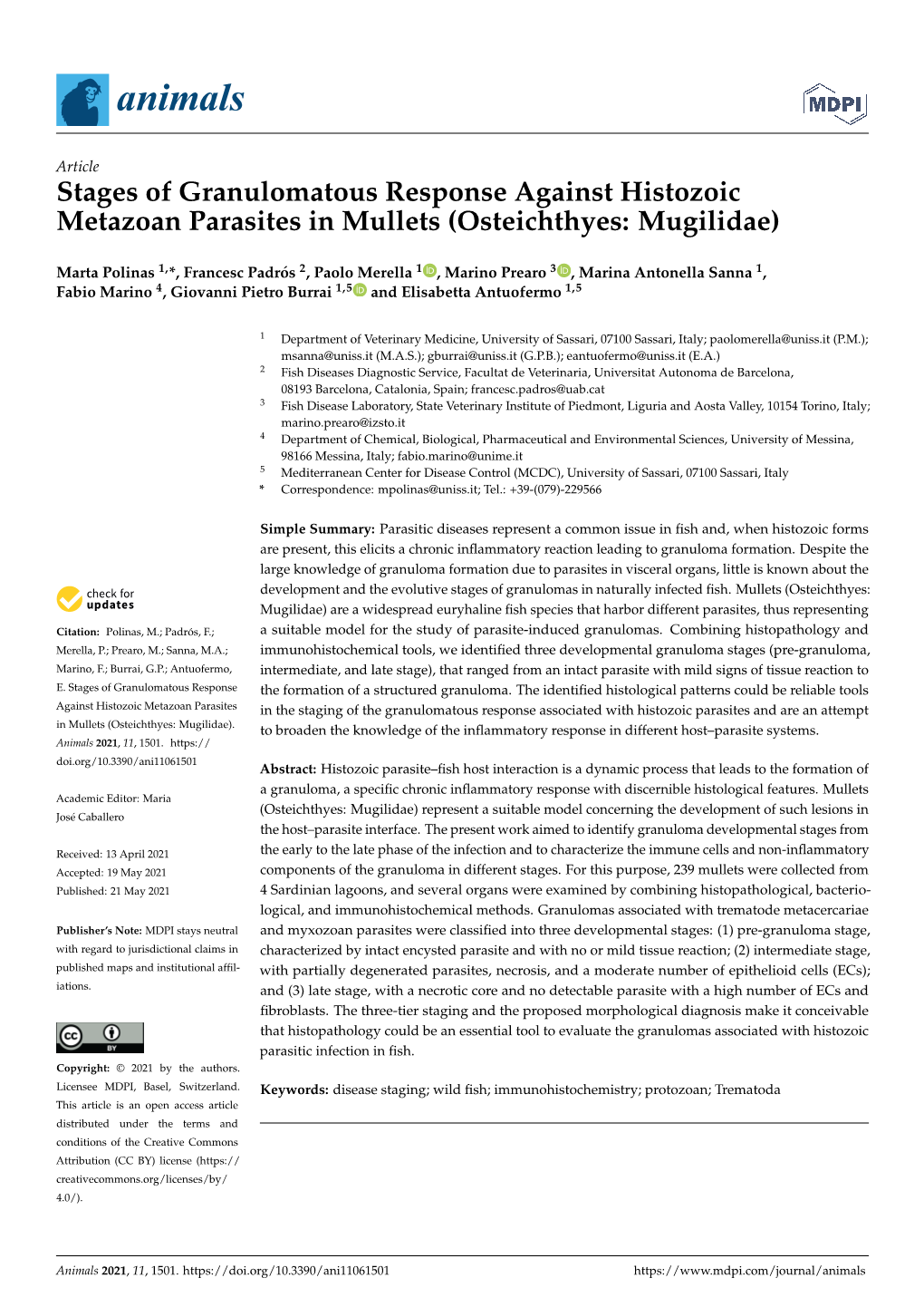 Stages of Granulomatous Response Against Histozoic Metazoan Parasites in Mullets (Osteichthyes: Mugilidae)