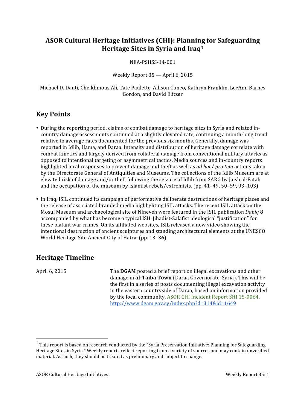 ASOR Cultural Heritage Initiatives (CHI): Planning for Safeguarding Heritage Sites in Syria and Iraq1