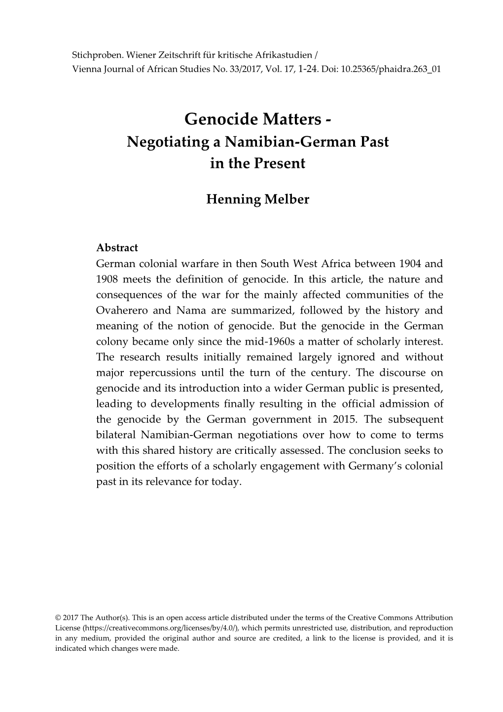 Genocide Matters - Negotiating a Namibian-German Past in the Present