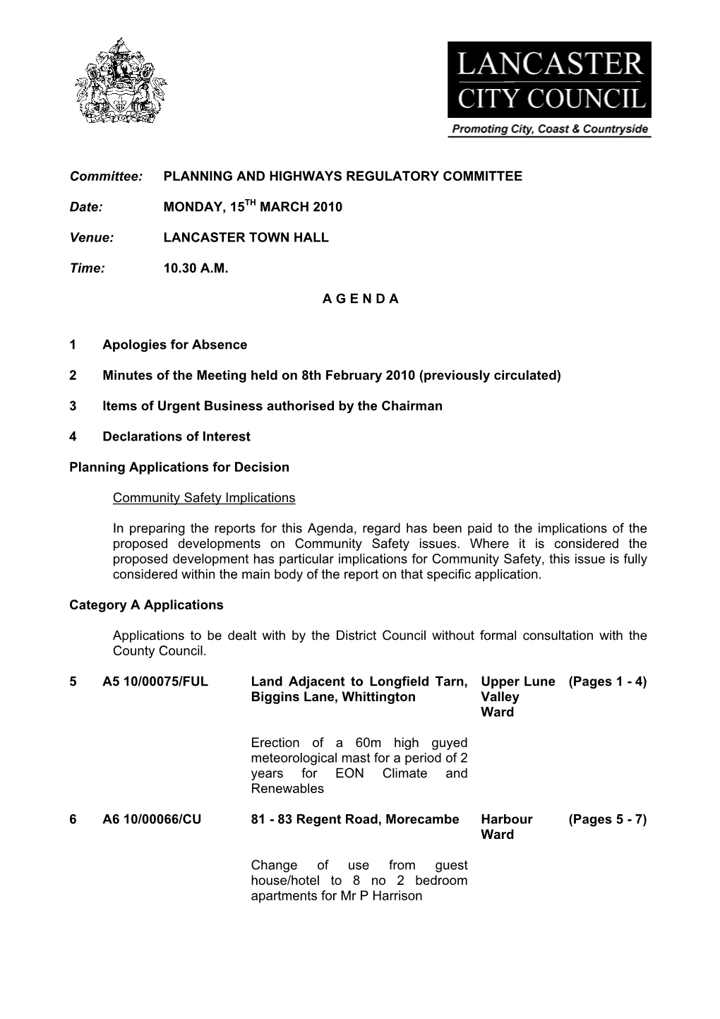 PLANNING and HIGHWAYS REGULATORY COMMITTEE Date