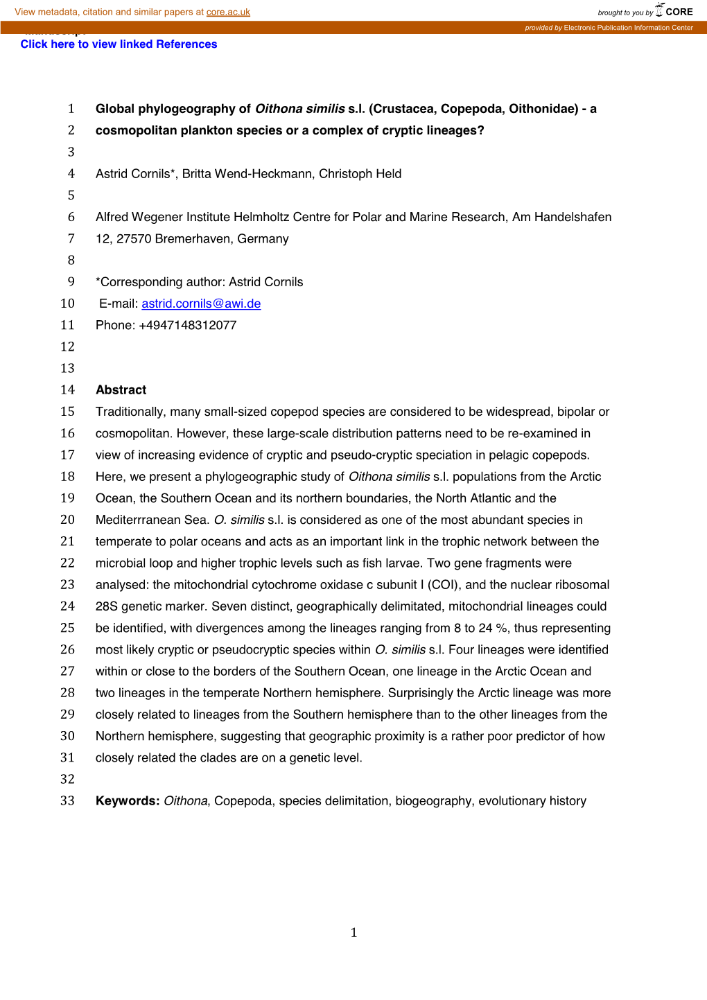 Global Phylogeography of Oithona Similis S.L. (Crustacea, Copepoda, Oithonidae)