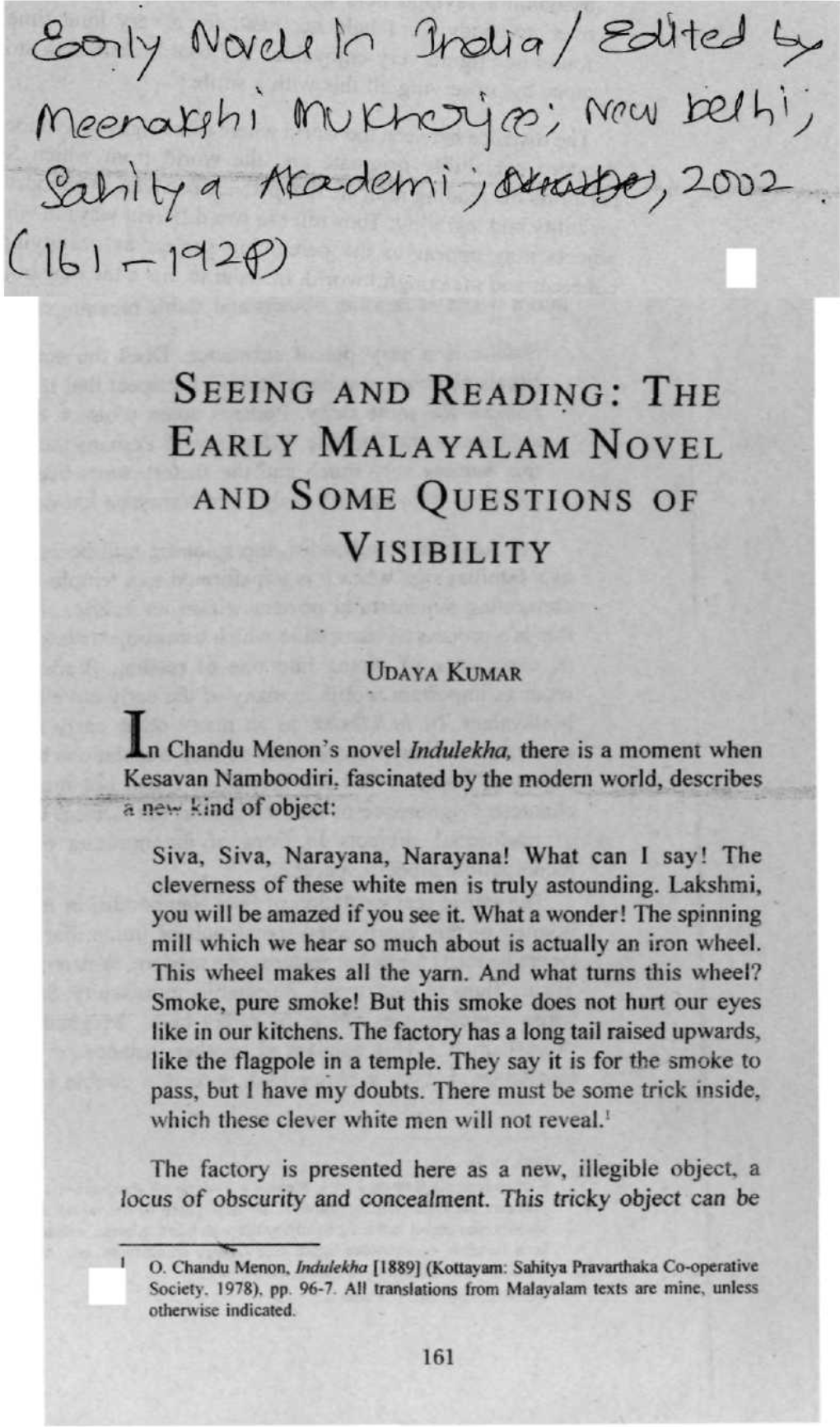 The Early Malayalam Novel and Some Questions of Visibility