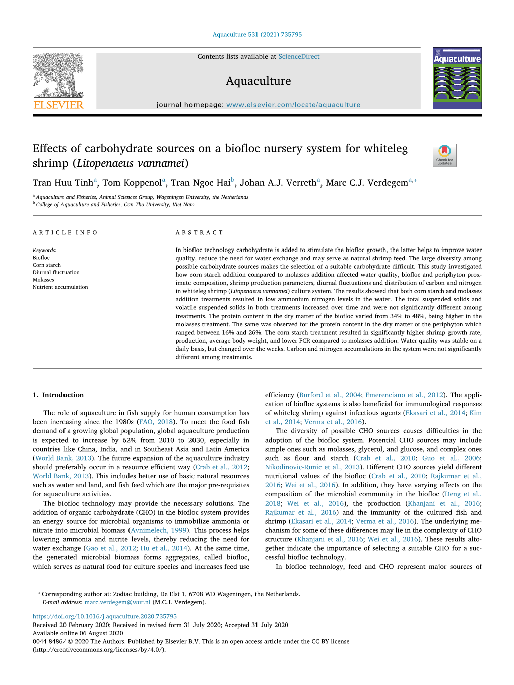 Litopenaeus Vannamei) T ⁎ Tran Huu Tinha, Tom Koppenola, Tran Ngoc Haib, Johan A.J