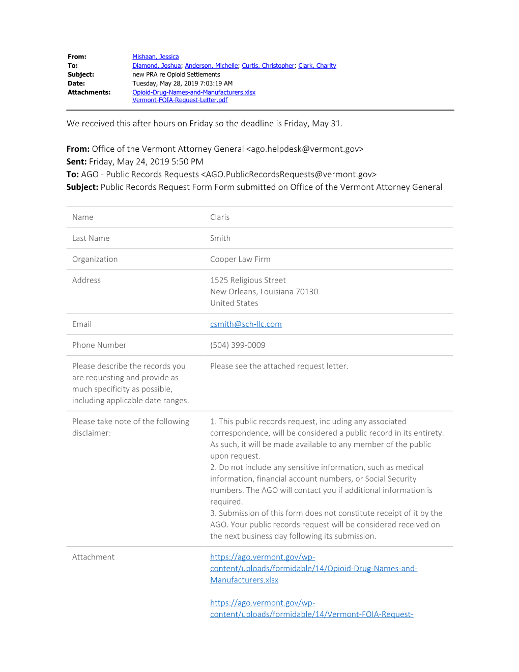 We Received This After Hours on Friday So the Deadline Is Friday, May 31. From: Office of the Vermont Attorney General <Ago.H