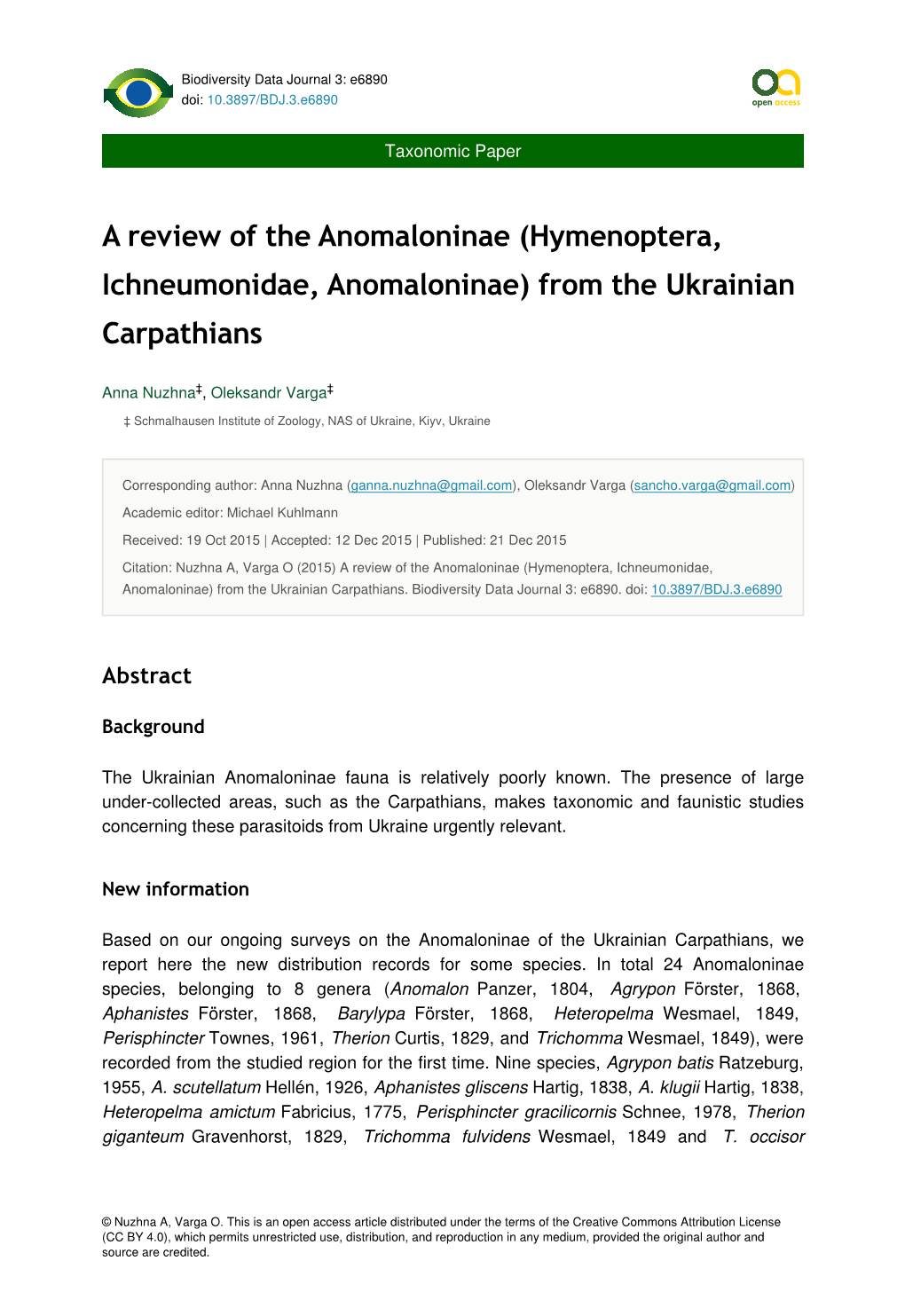 Hymenoptera, Ichneumonidae, Anomaloninae) from the Ukrainian Carpathians