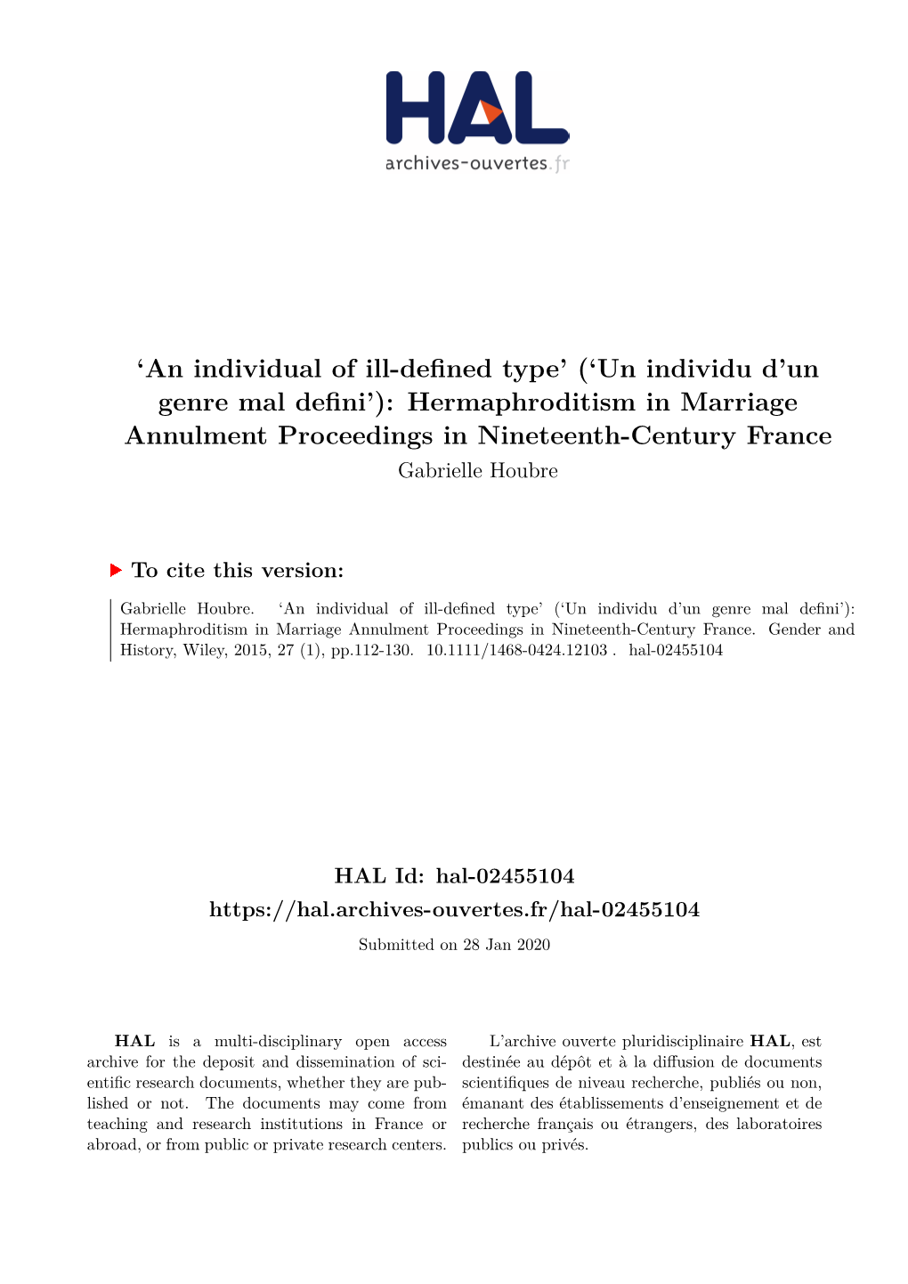 Hermaphroditism in Marriage Annulment Proceedings in Nineteenth-Century France Gabrielle Houbre