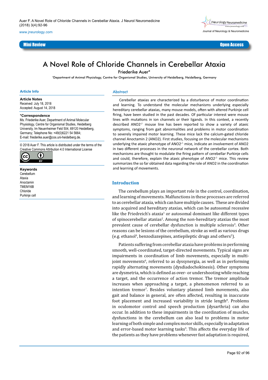 A Novel Role of Chloride Channels in Cerebellar Ataxia