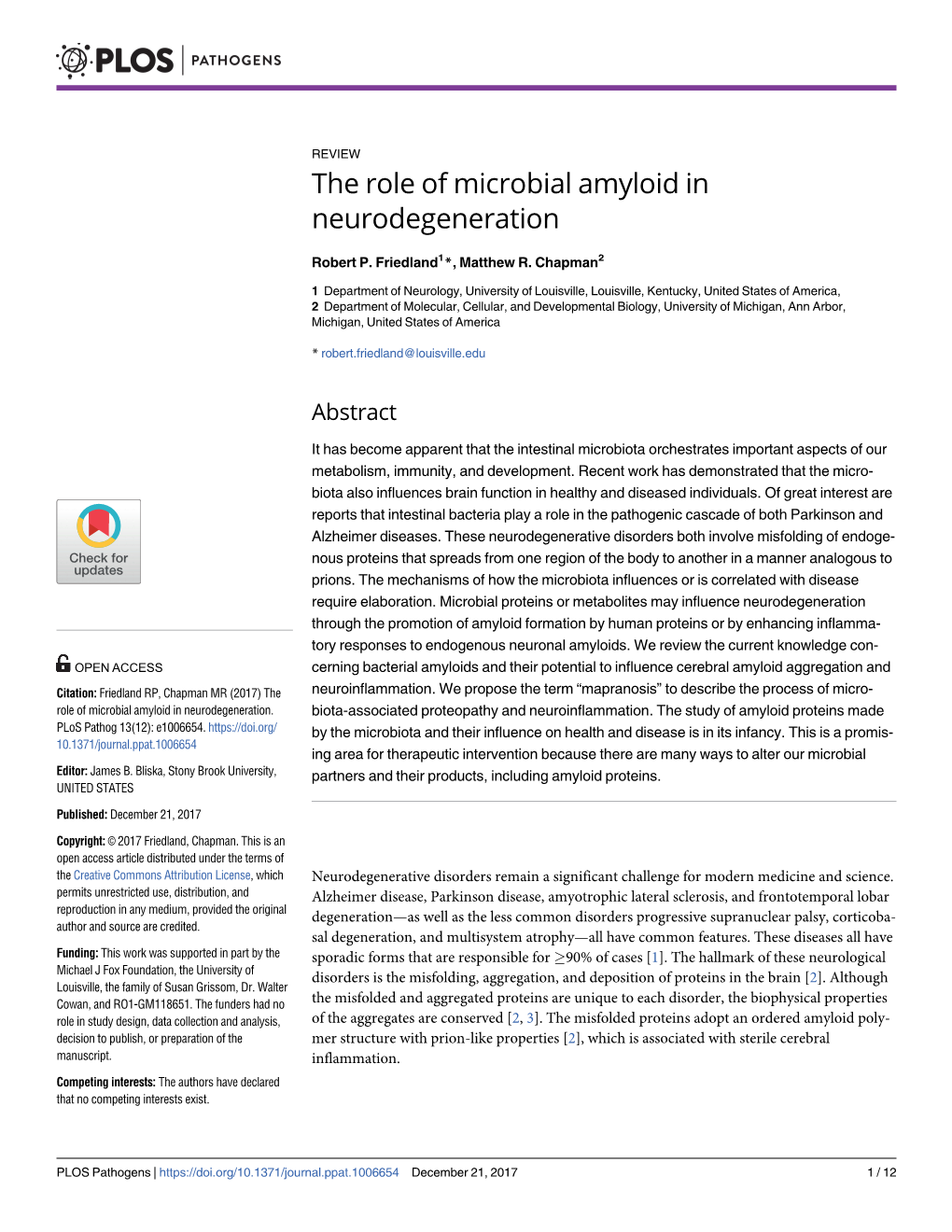 The Role of Microbial Amyloid in Neurodegeneration