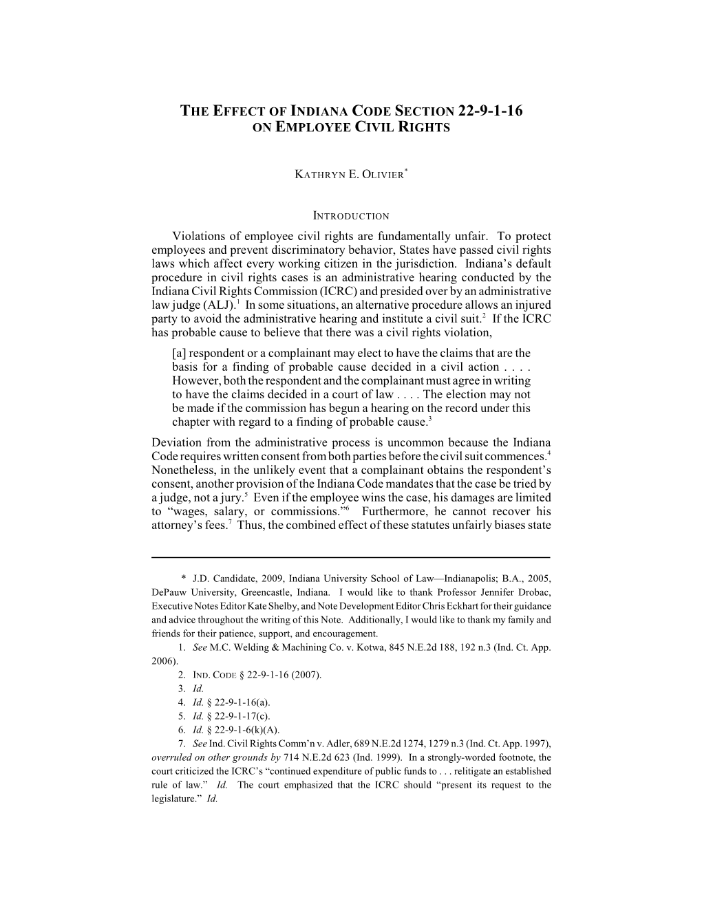 The Effect of Indiana Code Section 22-9-1-16 on Employee Civil Rights