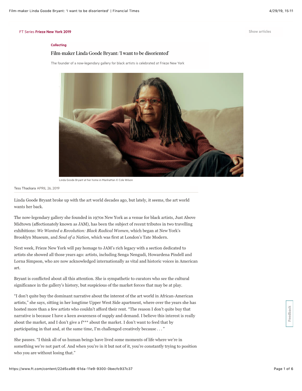 Film-Maker Linda Goode Bryant: ‘I Want to Be Disorientedʼ | Financial Times 4/29/19, 15�11