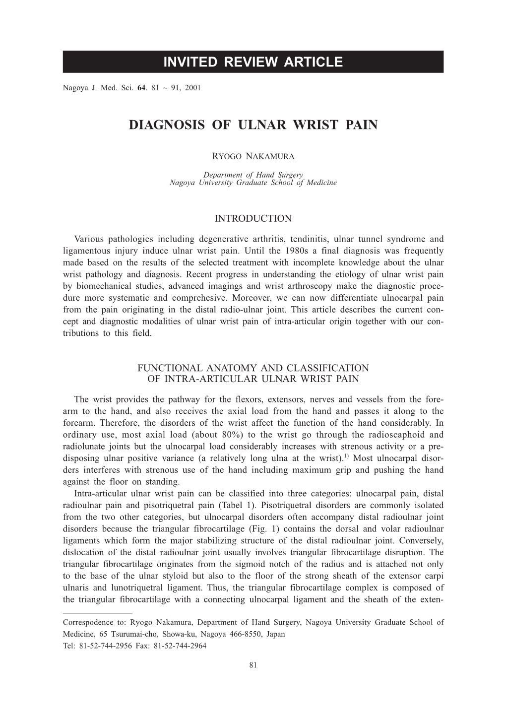 Invited Review Article Diagnosis of Ulnar Wrist Pain