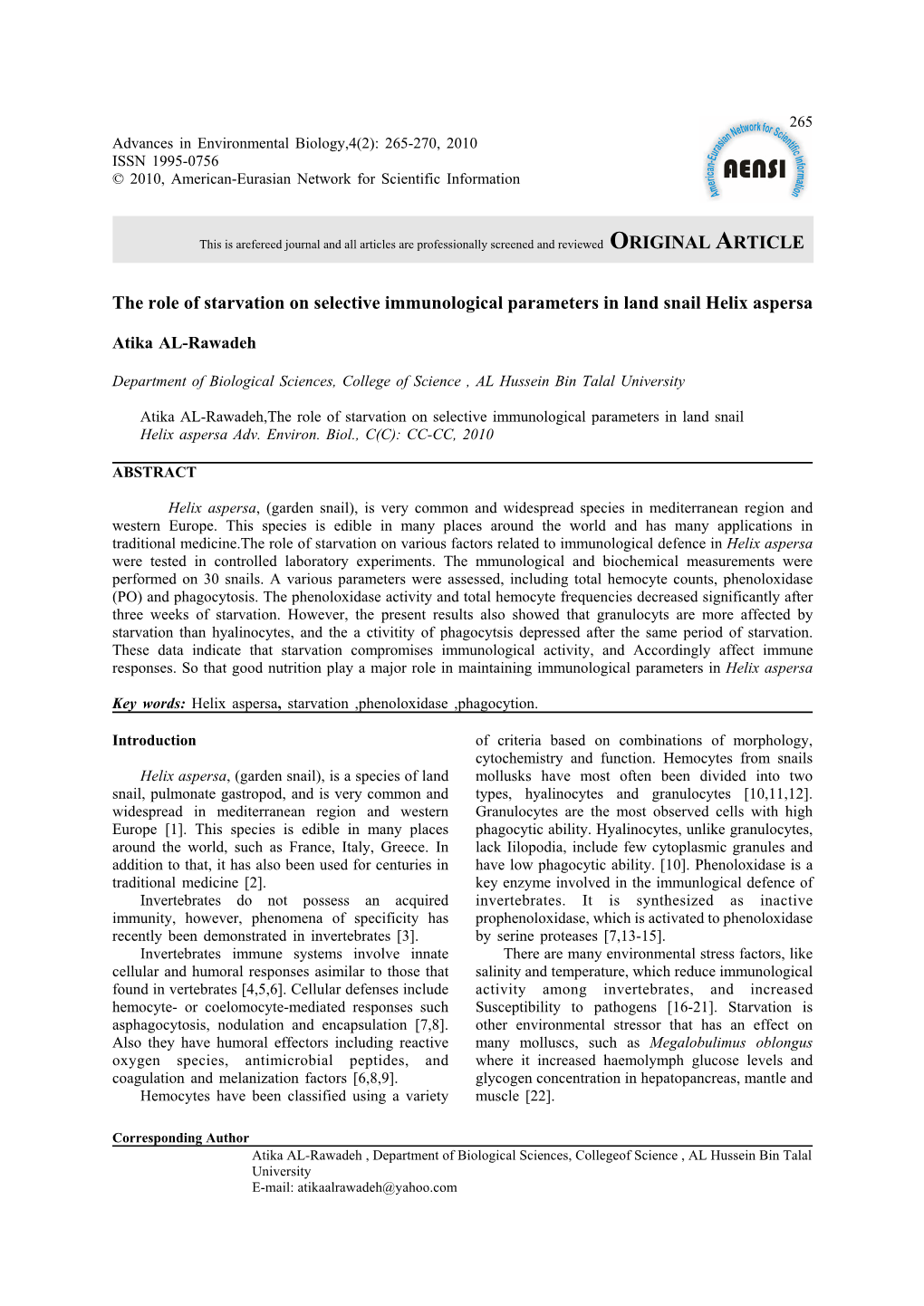 The Role of Starvation on Selective Immunological Parameters in Land Snail Helix Aspersa