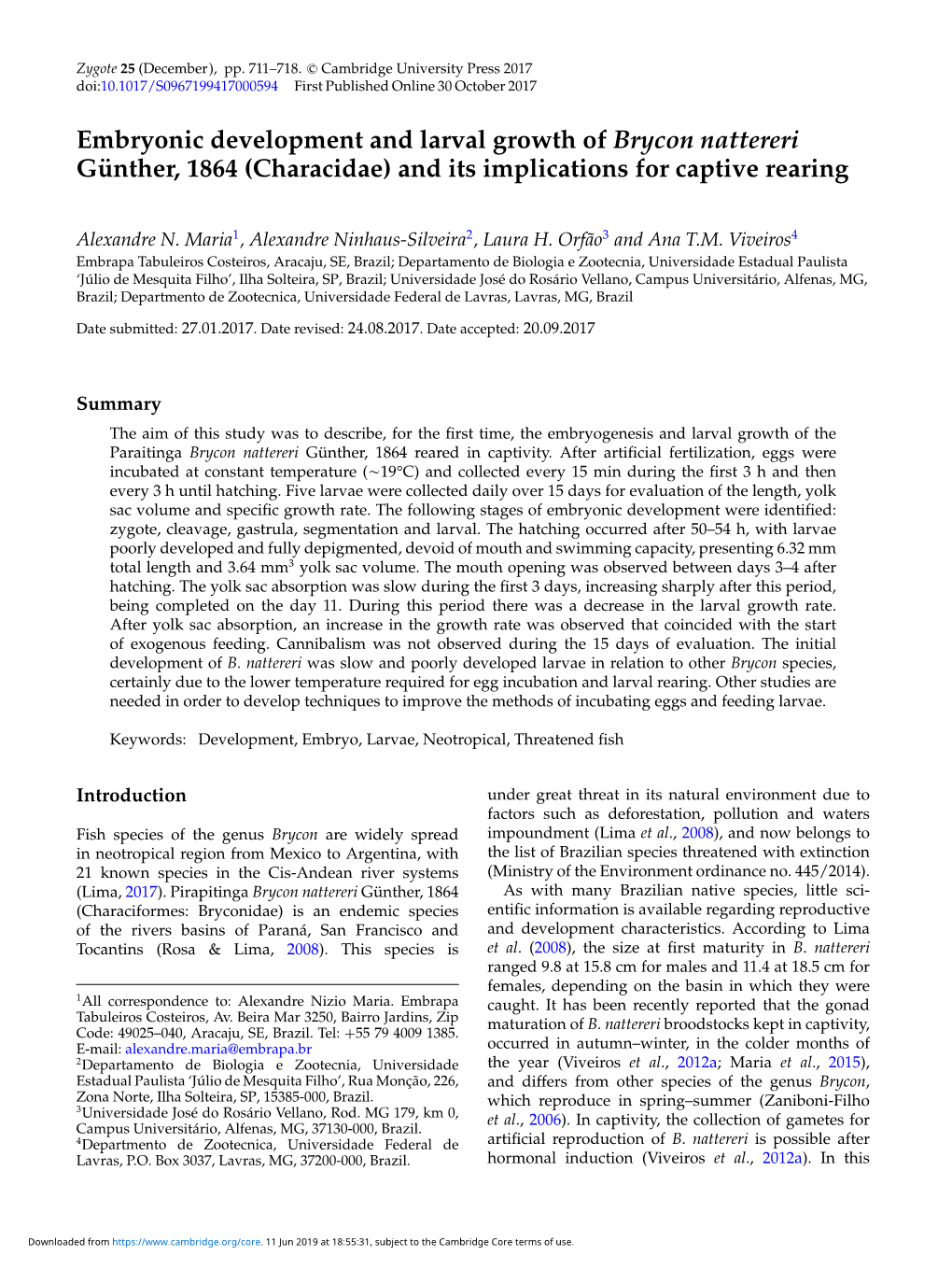 Embryonic Development and Larval Growth of Brycon Nattereri Günther, 1864 (Characidae) and Its Implications for Captive Rearing