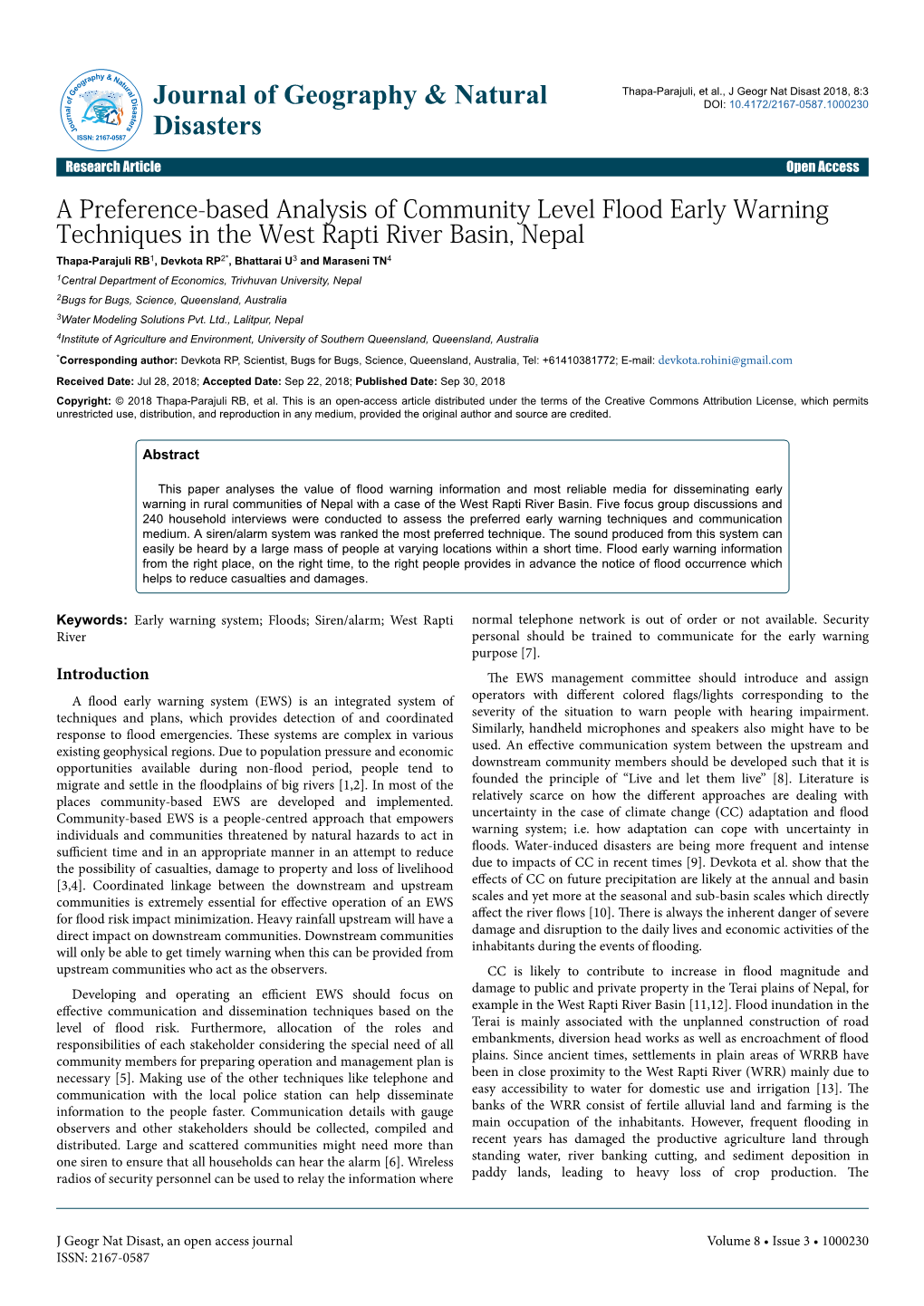 A Preference-Based Analysis of Community Level Flood Early Warning Techniques in the West Rapti River Basin, Nepal