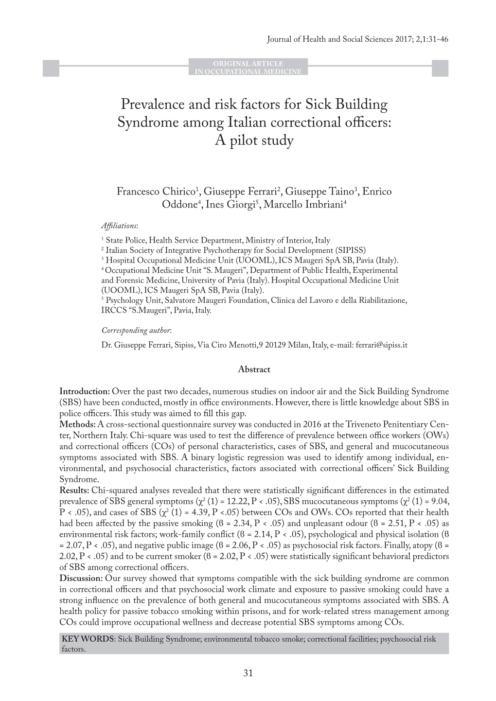 Prevalence and Risk Factors for Sick Building Syndrome Among Italian Correctional Officers: a Pilot Study