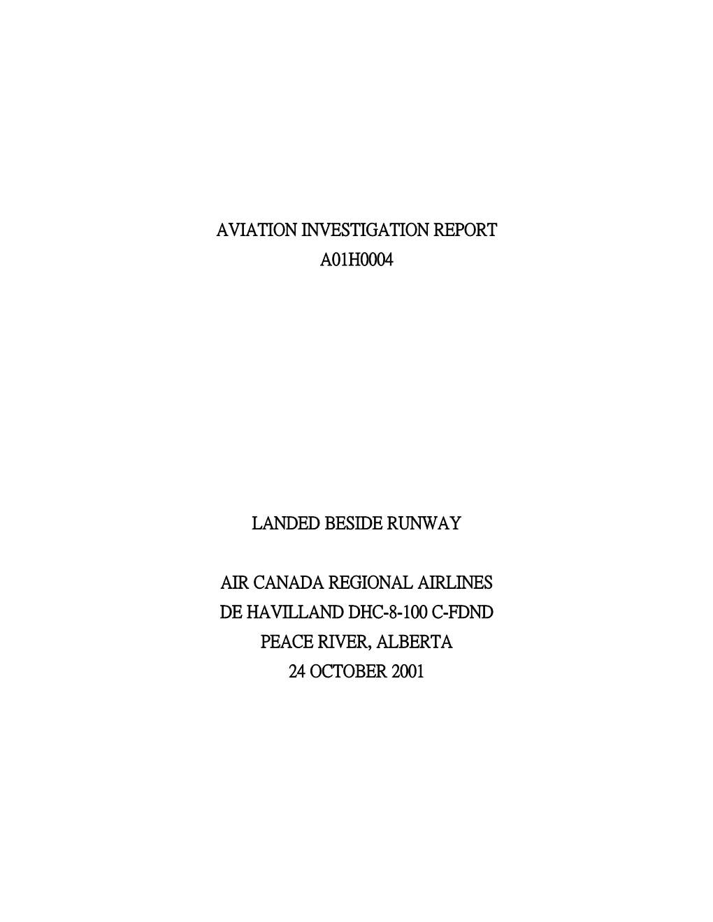 Aviation Investigation Report A01h0004 Landed Beside