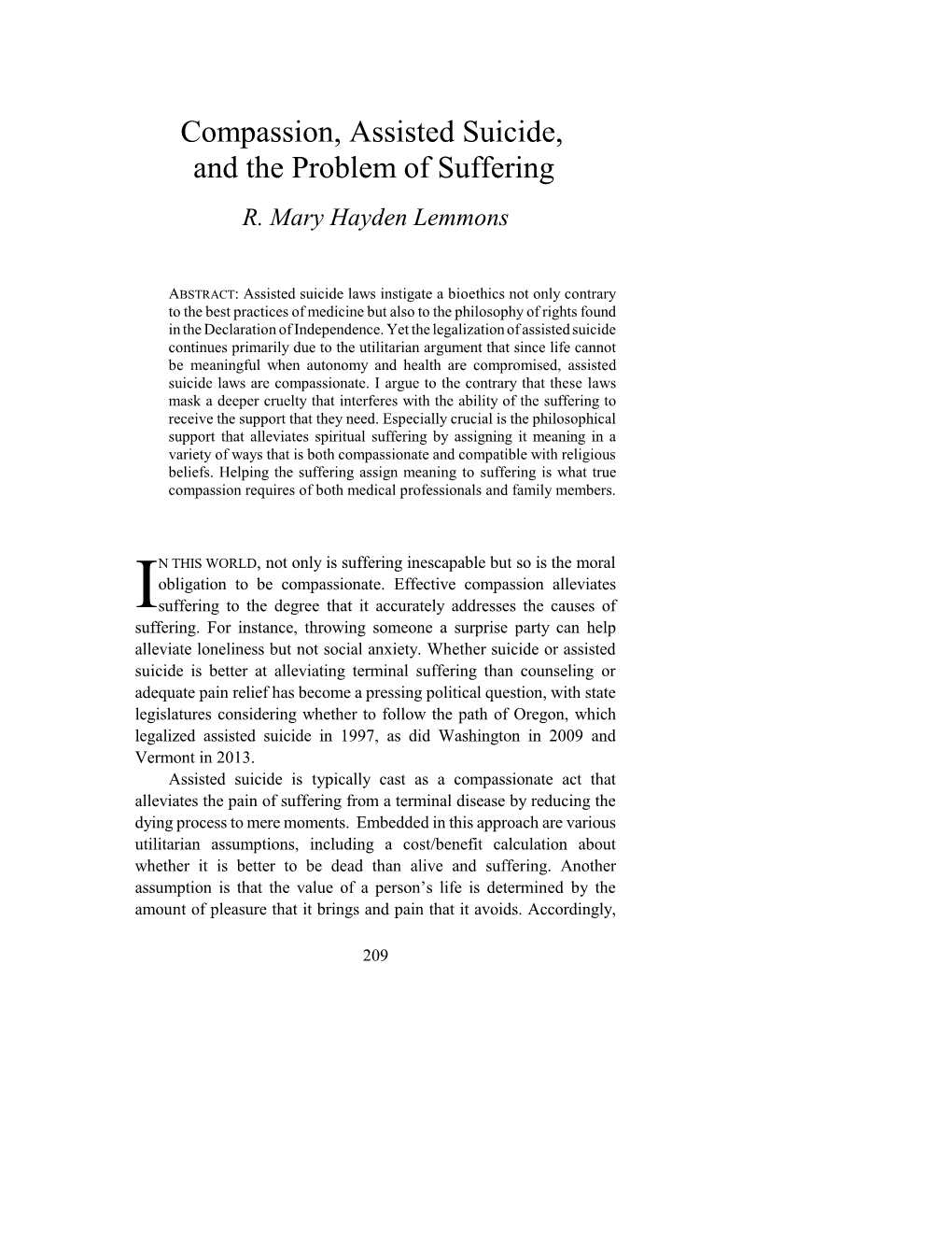 Compassion, Assisted Suicide, and the Problem of Suffering R