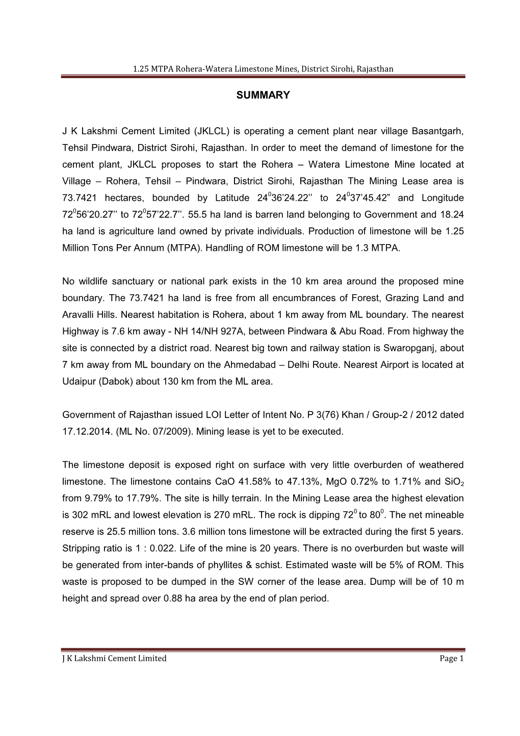 1.25 MTPA Rohera-Watera Limestone Mines, District Sirohi, Rajasthan