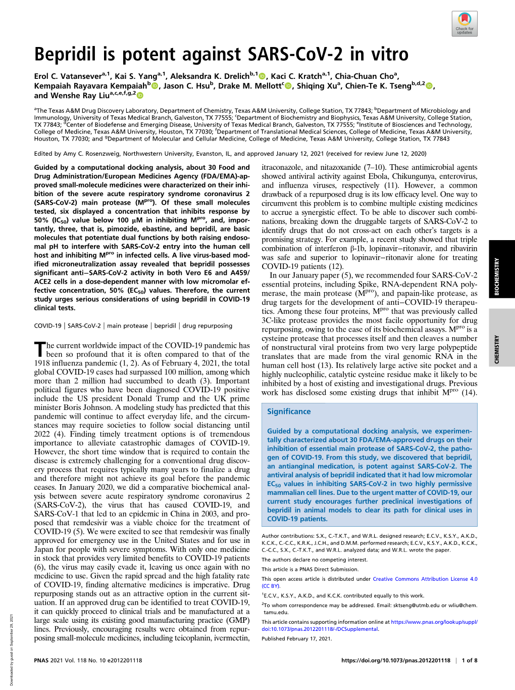 Bepridil Is Potent Against SARS-Cov-2 in Vitro