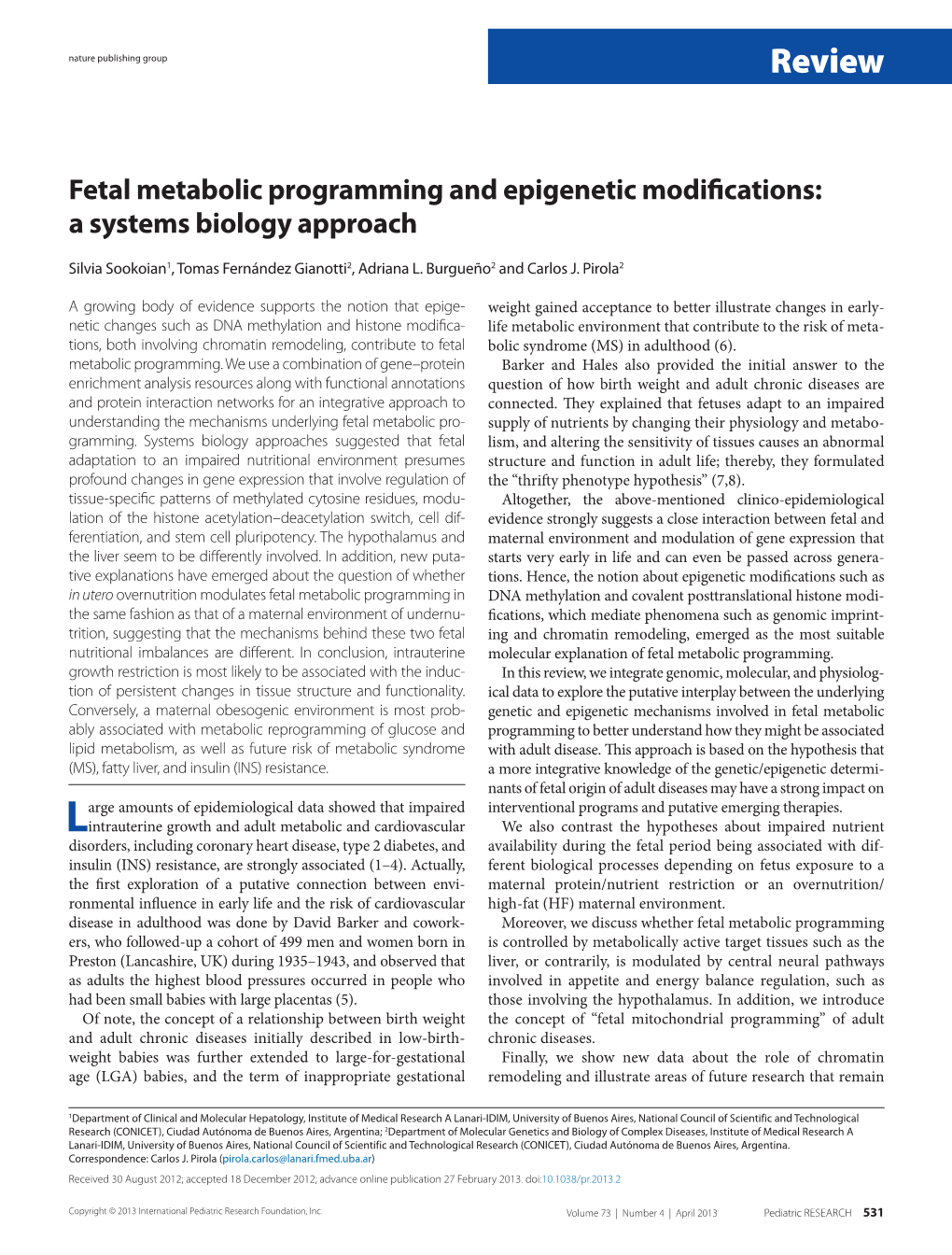 Fetal Metabolic Programming and Epigenetic Modifications: a Systems Biology Approach