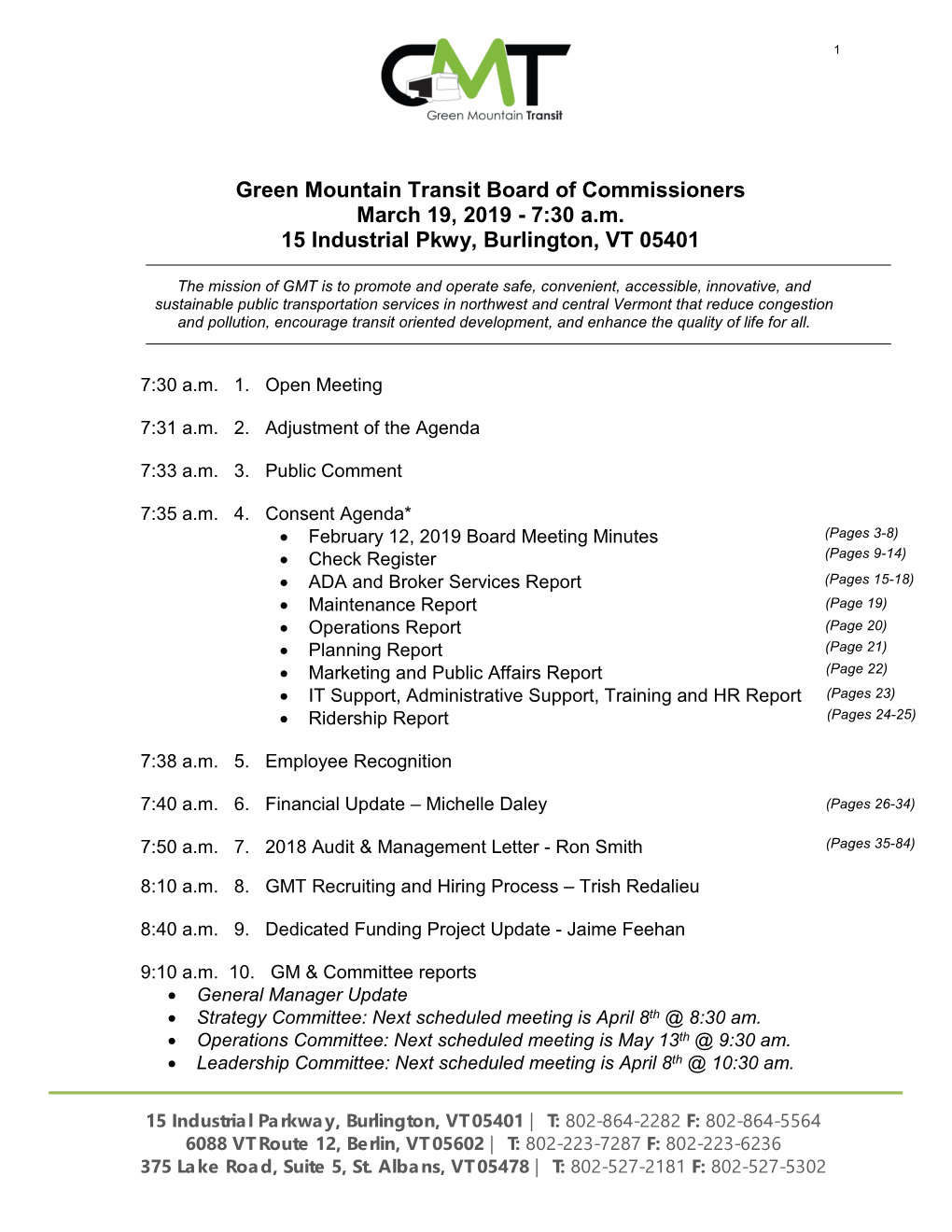 Green Mountain Transit Board of Commissioners March 19, 2019 - 7:30 A.M