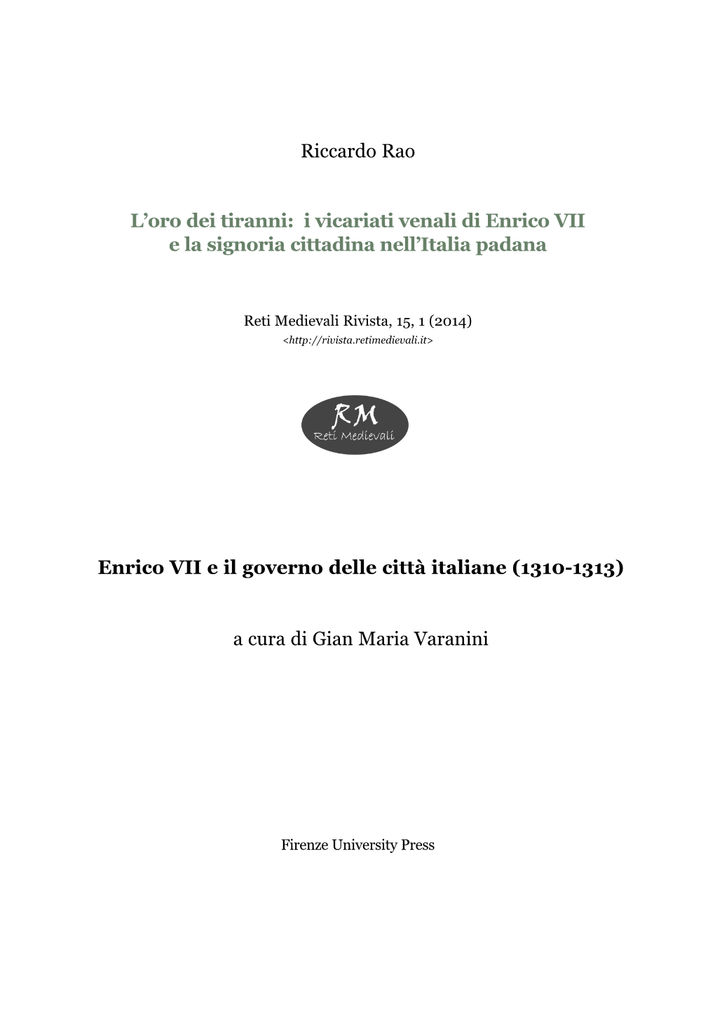 L'oro Dei Tiranni: I Vicari Venali Di Enrico