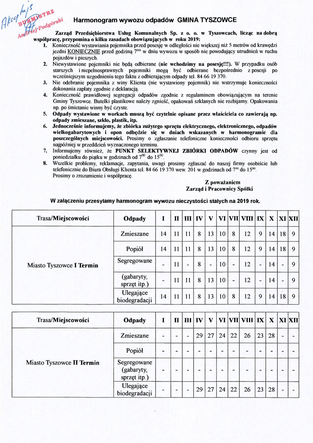 R8fci Harmonogram Wywozu Odpadów GMINA TYSZOWCE