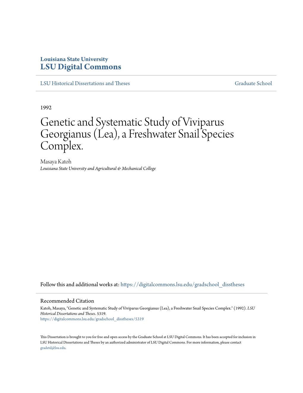 Genetic and Systematic Study of Viviparus Georgianus (Lea), a Freshwater Snail Species Complex