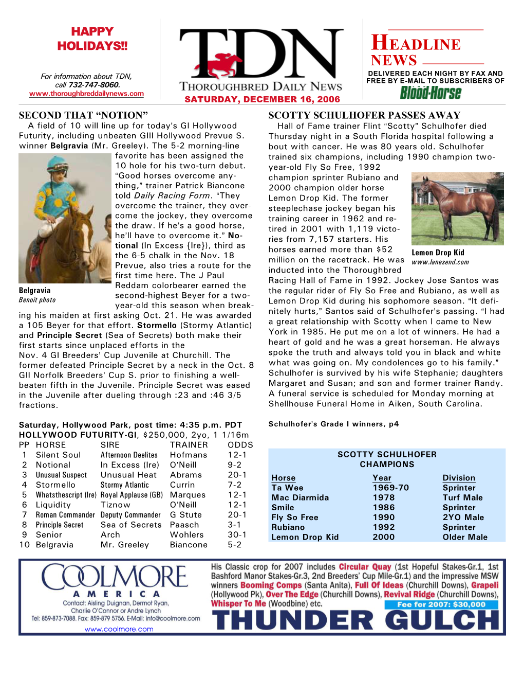 HEADLINE NEWS for Information About TDN, DELIVERED EACH NIGHT by FAX and FREE by E-MAIL to SUBSCRIBERS of Call 732-747-8060