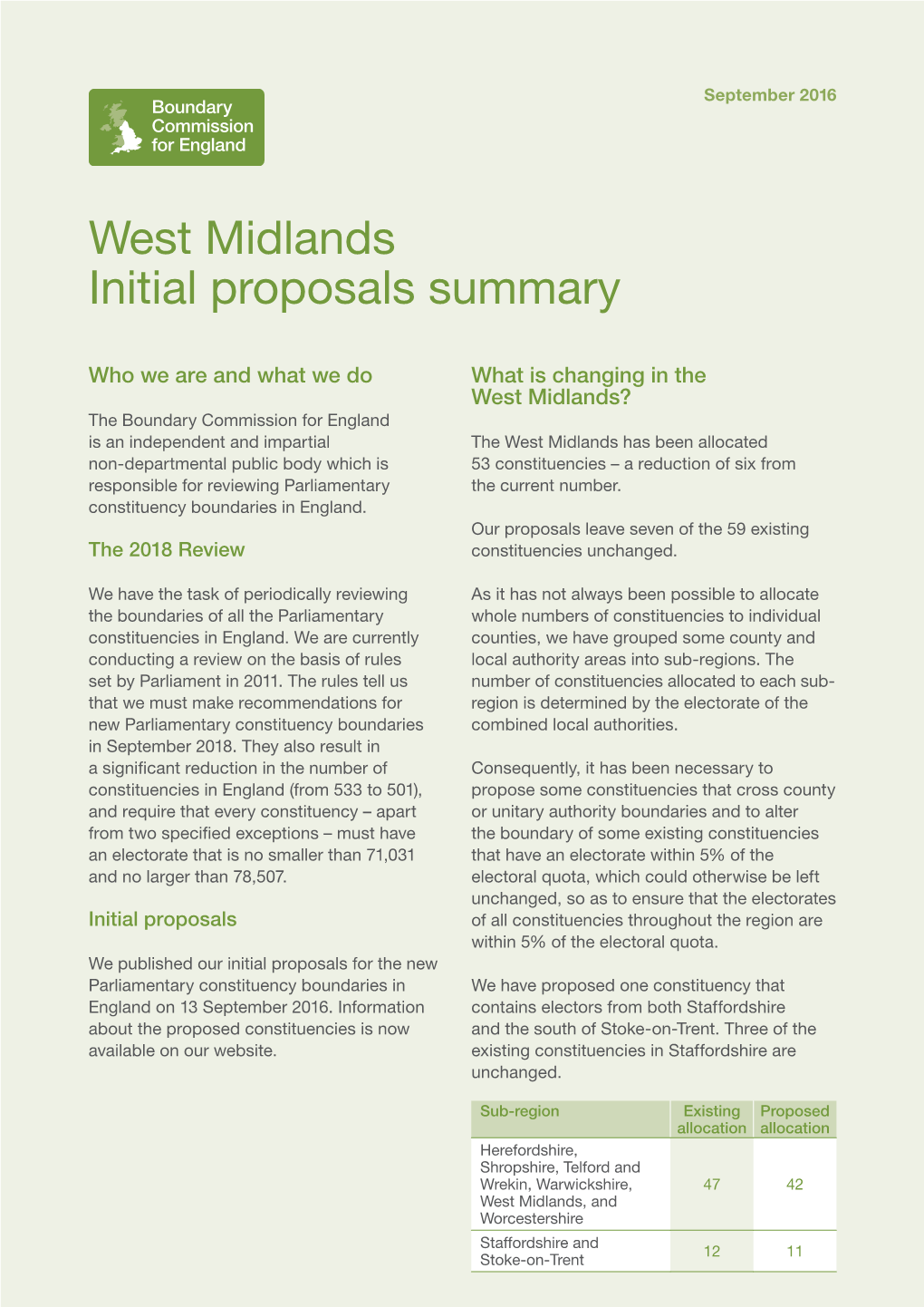 West Midlands Initial Proposals Summary