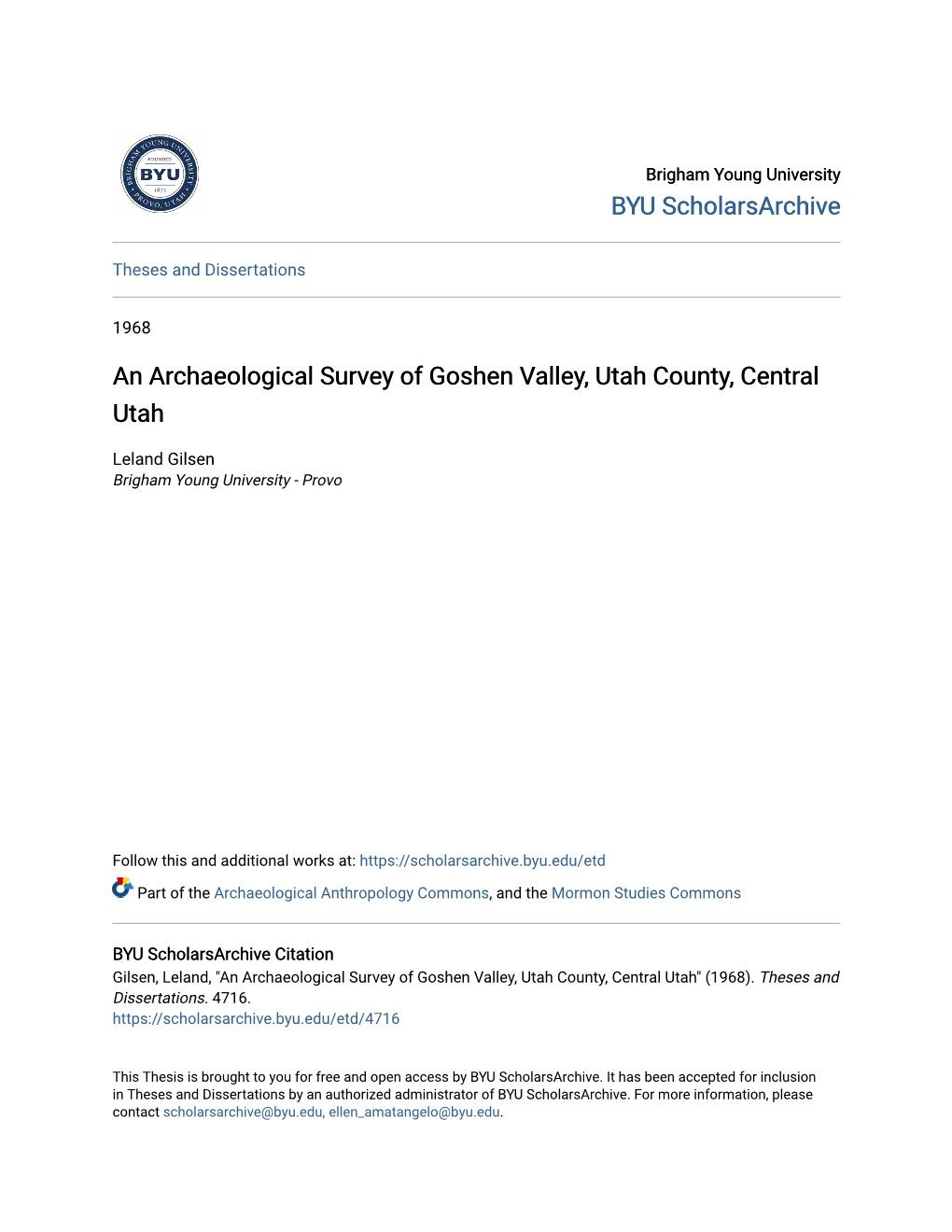 An Archaeological Survey of Goshen Valley, Utah County, Central Utah