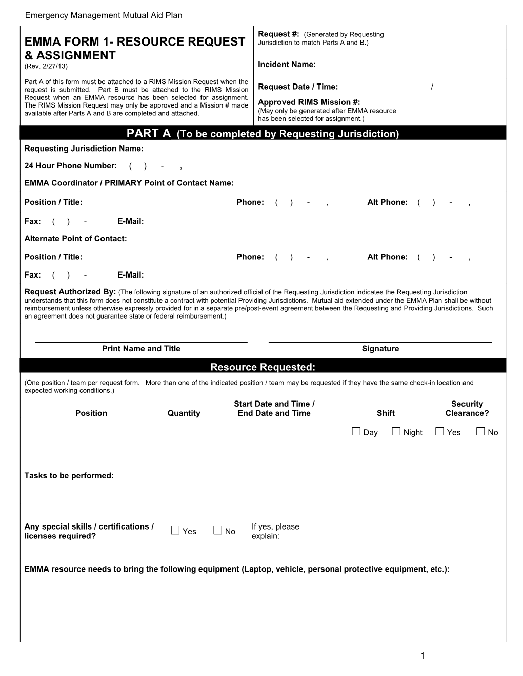 EMMA Form 1 - Resource Request And Assignment