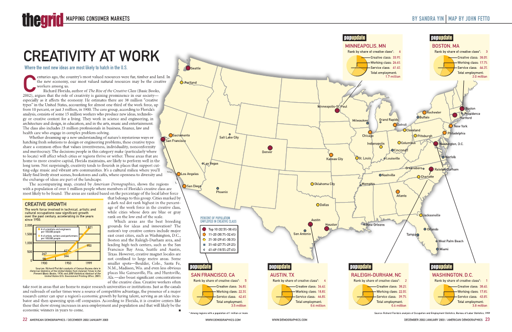 CREATIVITY at WORK Working Class: 24.6% Working Class: 17.7% Where the Next New Ideas Are Most Likely to Hatch in the U.S