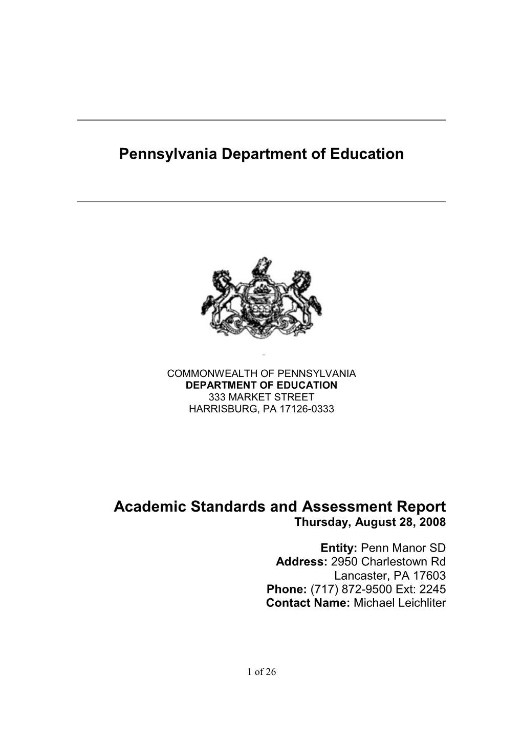 Pennsylvania Department of Education Academic Standards And