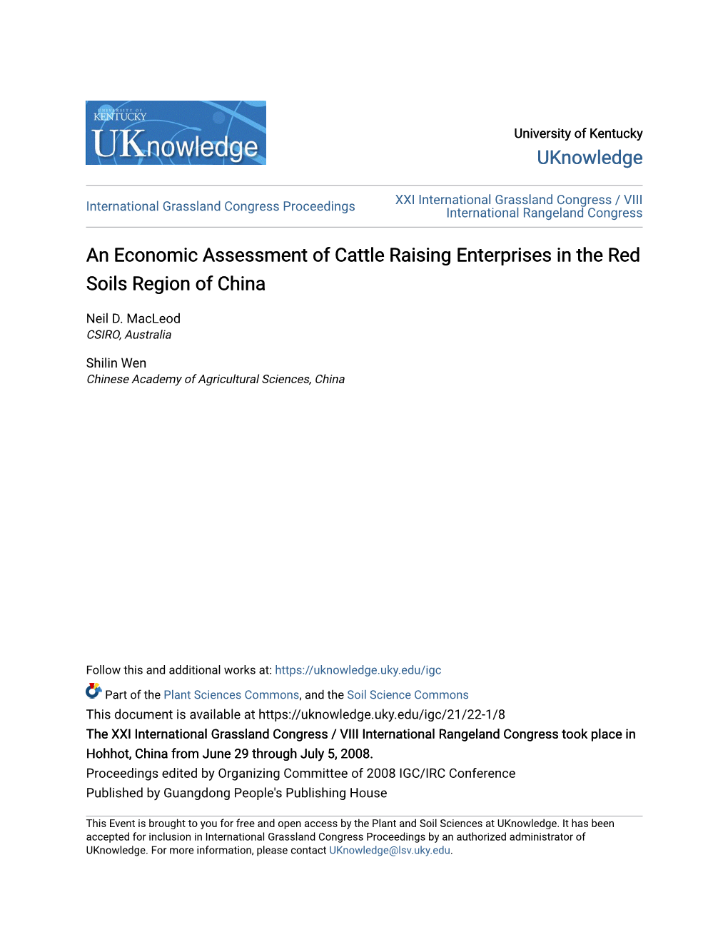 An Economic Assessment of Cattle Raising Enterprises in the Red Soils Region of China
