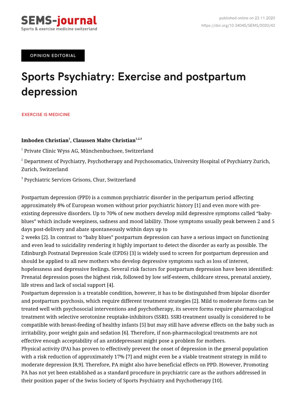Sports Psychiatry: Exercise and Postpartum Depression