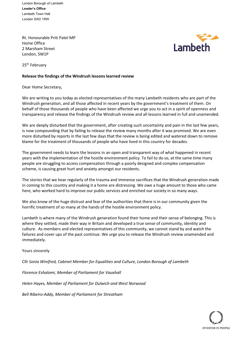 Read the Letter Sent to the Home Secretary