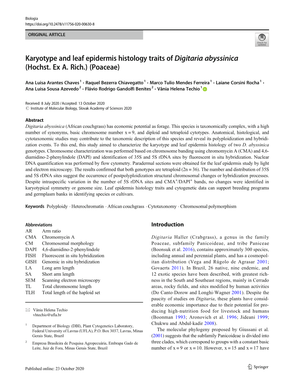 Karyotype and Leaf Epidermis Histology Traits of Digitaria Abyssinica (Hochst